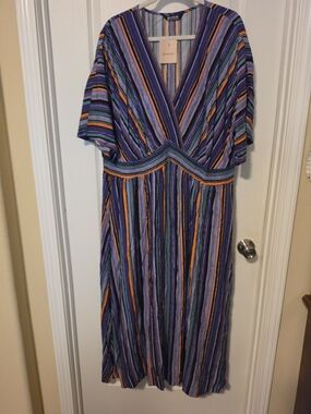 BloomChic Purple Striped Midi Dress with Orange and Green Accents